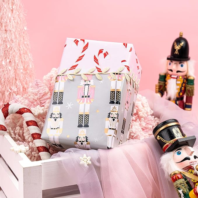 WRAPAHOLIC 30 Inch Jumbo Reversible Nutcracker Christmas Wrapping Paper - 30 Inch x 33 Feet - Nutcracker and Candy Cane Design Printed on Pearlized Paper for Chrsitmas, Holiday, Party Celebration