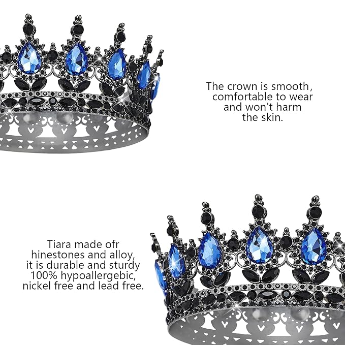 Queen Crown Rhinestone Wedding & Bridal Crowns for Women - Costume Party Hair Accessories - Princess & Birthday Tiaras in Crystal (Black & Blue)