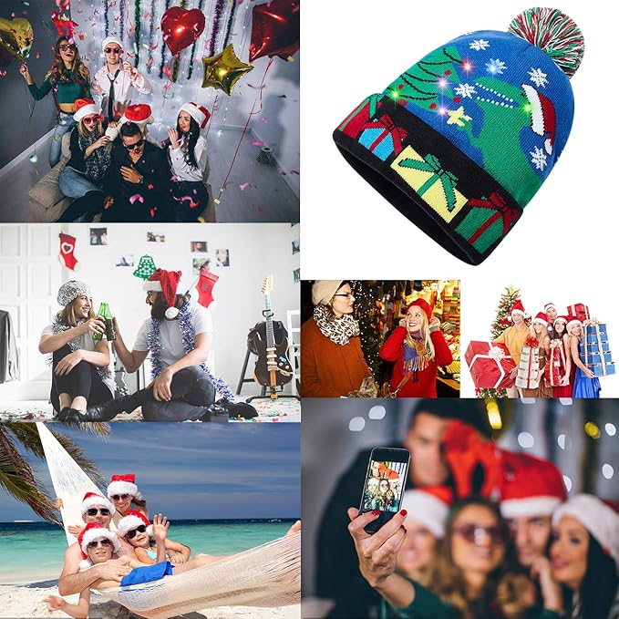 RAISEVERN Unisex Ugly LED Christmas Hat Novelty Colorful Light-up Stylish Knitted Sweater Xmas Party Beanie Cap(6 Lights)