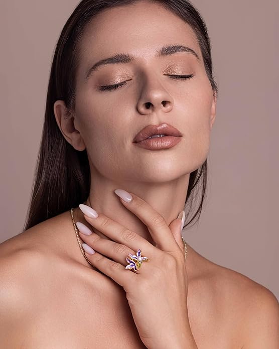 Gold Rose Pink Enamel Floral CZ FULLY ADJUSTABLE Statement Open Ring for Women by SNGIA, Daisy Orchid Flower Leaf Summer Beach Handmade Unique Pinky Band, Chunky Sunflower Stackable Cute Cuff Cocktail Ring Birthday Gift, Natural Bold Exaggerated Irregu...