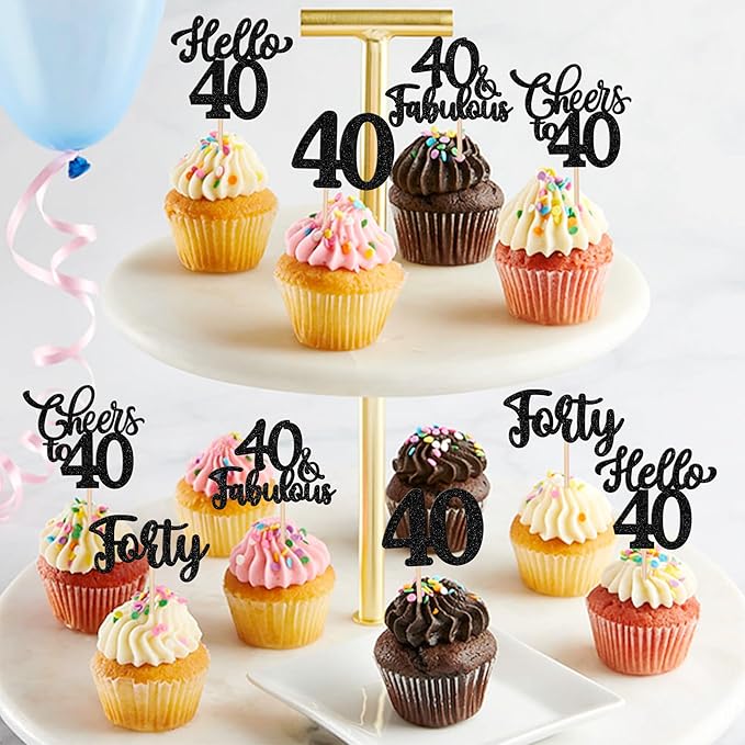 30PCS Happy 40th Birthday Cupcake Toppers Glitter Hello 40 Fabulous Forty Cheers to 40 Years Old Birthday Cupcake Picks for Happy 40th Birthday Anniversary Party Cake Decorations Supplies Black