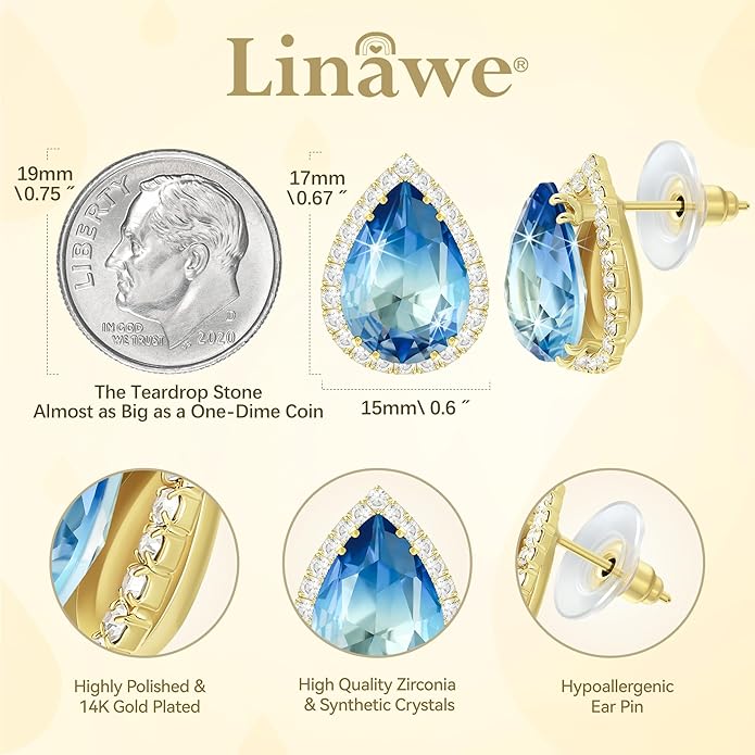 Linawe Women Stud Earrings, Teardrop Diamond Moissanite Cubic Zirconia Earrings Studs Rhinestone Jewelry Gold/Silver/Rose Gold