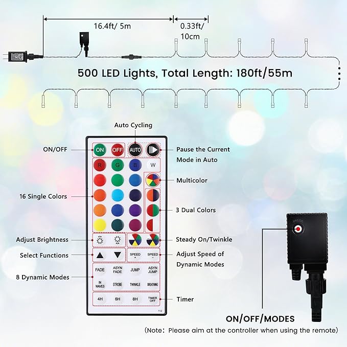 Christmas Lights Outdoor, 164ft 500 LED RGB Color Changing String Lights with Remote, Red and Green Christmas Lights - Plug in Twinkle White Lights for Decor Indoor Party Garden Yard