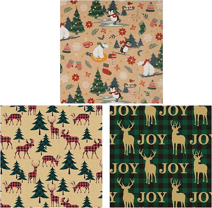 RUSPEPA Christmas Wrapping Paper Rolls with Tags and Jute String - 17 inches x 10 feet per Roll, Total of 3 Rolls