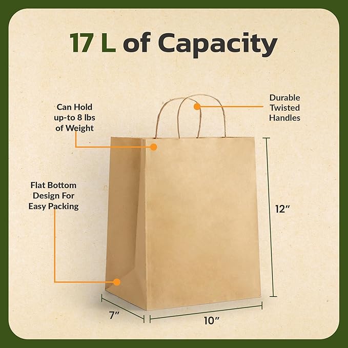 EKOBAGS Granvia | 10x7x12 inches | 25-Pack Kraft Paper Gift Bags with Handles | 115 GSM Brown Paper Bags for Small Business, Shopping & Party Favors | Recyclable | Holds up to 13.8L/8 lbs