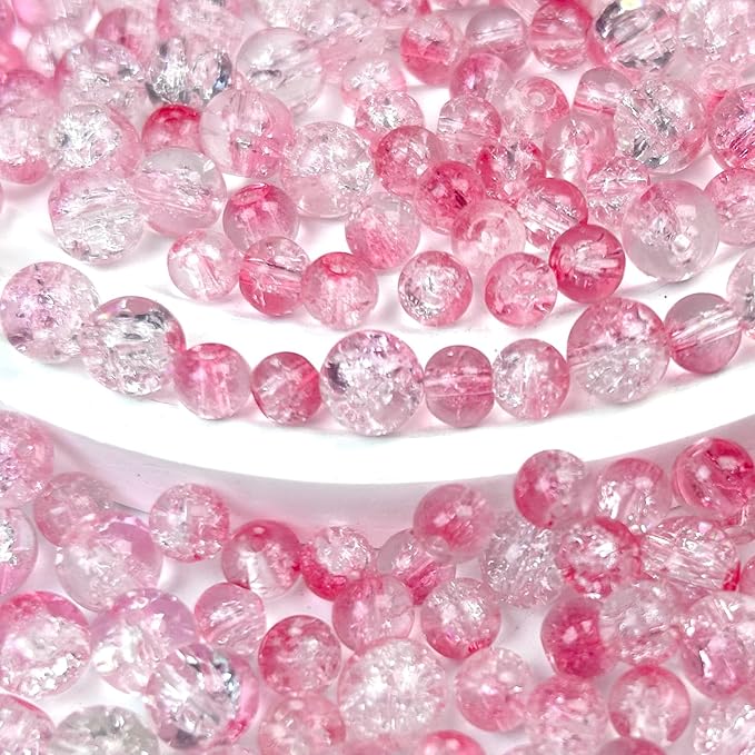 300pcs Crackle Glass Beads, 6mm and 8mm Pink Crystal Glass Beads Round Loose Spacer Bulk Beads for DIY Craft Earring Necklace Bracelet Jewelry