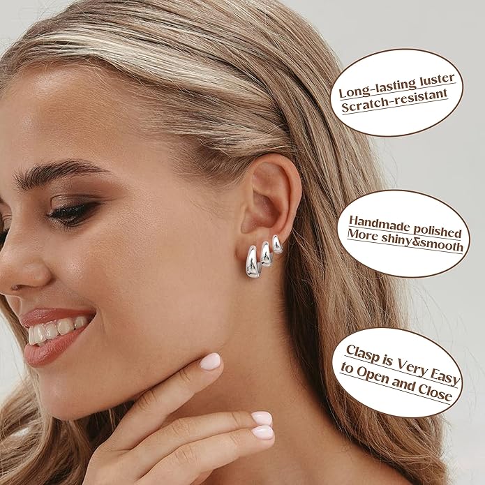 BESTEEL 3Pairs 14K Gold Plated Hoop Earrings Set for Women Chunky Earring Silver Plated Hypoallergenic Small Huggie Hoops Lightweight Tiny Thick Trendy Hoop Earrings Stacks for Multiple Piercing