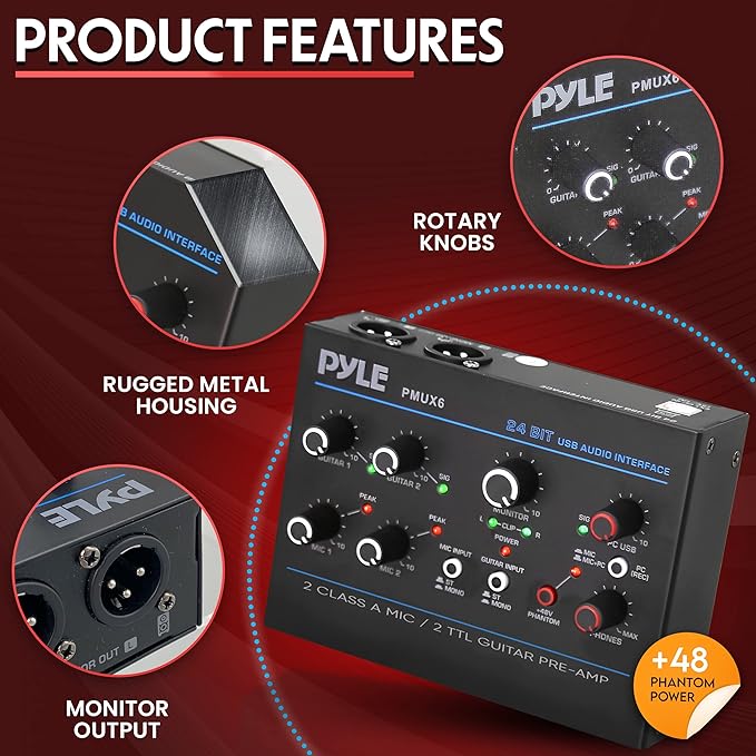 Pyle Professional USB Audio Interface with MIC, Guitar, AUX Stereo Inputs, Phone/Monitor Outputs, Ideal for Computer Playing & Recording, Compact Rugged Metal Housing - PMUX6