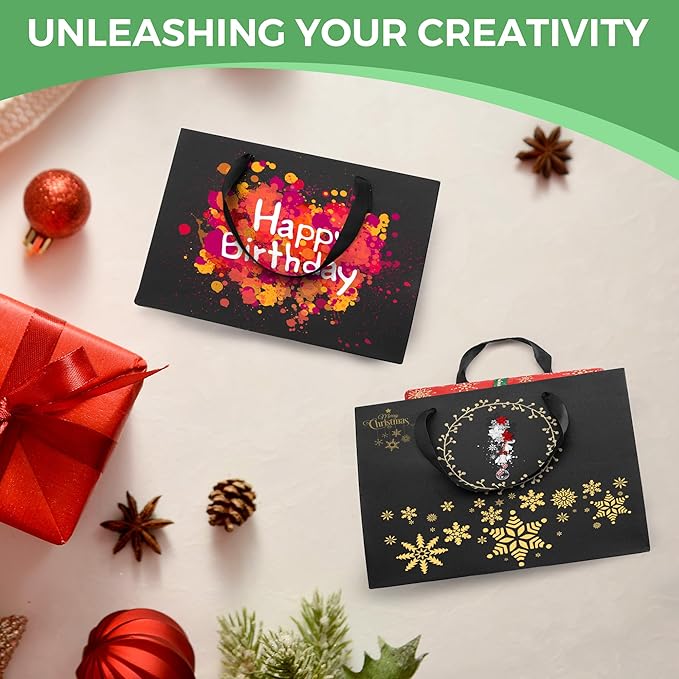 MOXARYSU Medium Large Black Gift Bags: 12.6x4x8.7 Inch 5pcs Black Paper Bags Bulk For Party Shopping Birthday Wedding (ML,5)