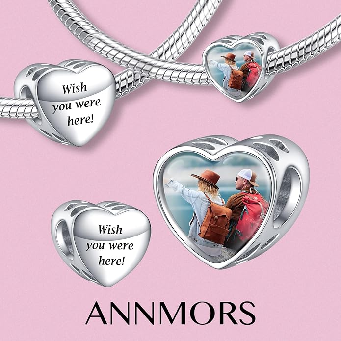Annmors Personalized Photo Charms For Bracelets/Necklace 925 Sterling Silver Love Heart Shaped Engraved Customize Picture Gift for Birthday Mother's Day,Bead Charms Jewelry for Women