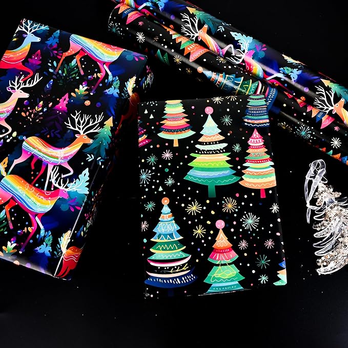 Vnaaem Christmas Wrapping Paper for Boys Girls Kids - Cute Rainbow Xmas Gift Wrap with Santa Tree Reindeer Design for Holiday Winter Paty - 20 x 28Inches Per Sheet(8 Pack)