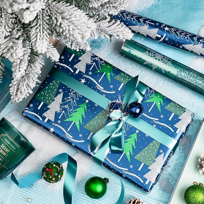 MAYPLUSS Christmas Wrapping Paper Roll - Mini Roll - 17 inch X 120 inch Per roll - Blue & Green Holiday Ornaments, Holiday Tree, Snowflakes with Glitter Metallic Foil Design(42.3 sq.ft.ttl)