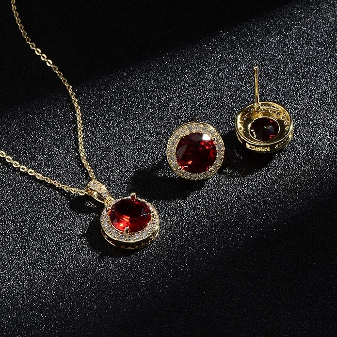 Bridal Crystal Jewelry Set - Sterling Silver Round Cubic Zirconia CZ Rhinestone Halo Birthstone Pendant Necklace Stud Earrings Set for Wedding Bride Bridesmaids Birthday Gift