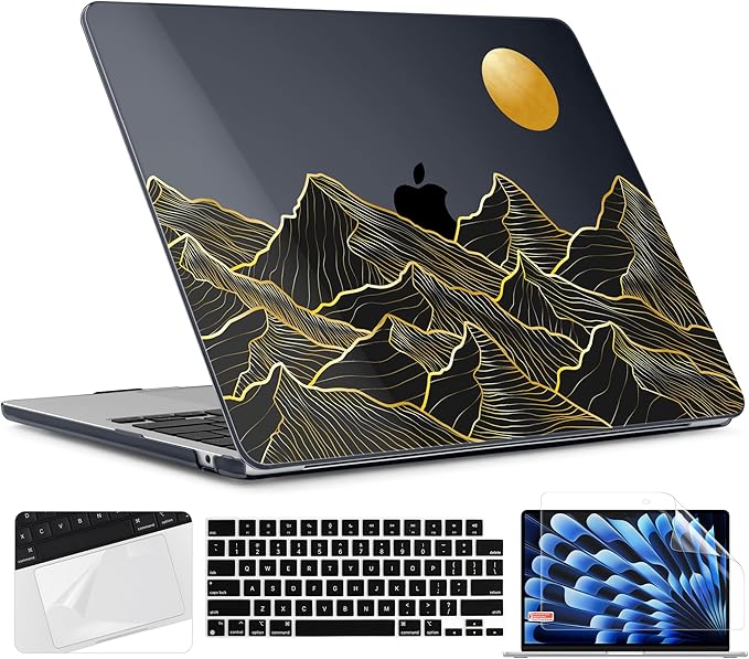 TWOLSKOO Compatible with M4 MacBook Air 15 inch Case 2025-2023 Released Model M4 A3241 M3 A3114 M2 A2941, Plastic Hard Shell & Screen Protector & Keyboard Cover & Trackpad Film, Golden Mountain