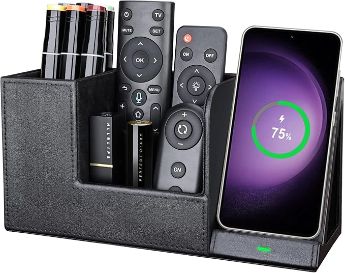 Wireless Charger with Desk Organizer, Wireless Charging Station for iPhone 13/13 Pro Max/13 Pro/12 Series/11/XS Max/XR/X/8Plus/SE 2, Wireless Charging Stand with Leather… (Black L)