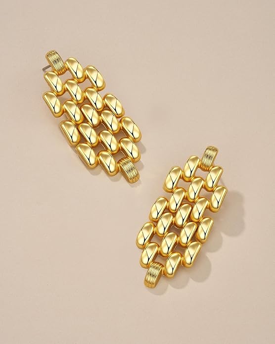 18K Gold Plated Chunky Statement Earrings for Women by SNGIA, Bold Drop Dangle Chain Link Rope Ribbed Barcelet Patterned Interlcok Rib Shape Drop Earrings, Handmade Exaggerated Irregular Vintage Boho Accessories, Unique Bohemian Trendy Fashion Thick Ov...