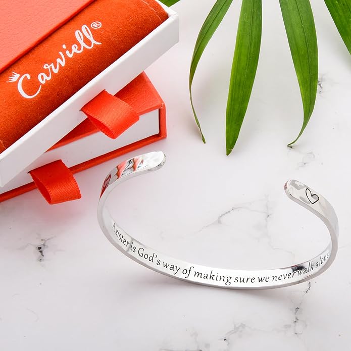 Carviell Engraved Cuff Bracelets for Women – Inspirational, Friendship, Love, Mom, Daughter, Sister, Christian, Graduation, Memorial & Wedding Gifts – 80+ Phrases – Stainless Steel, Gift-Ready