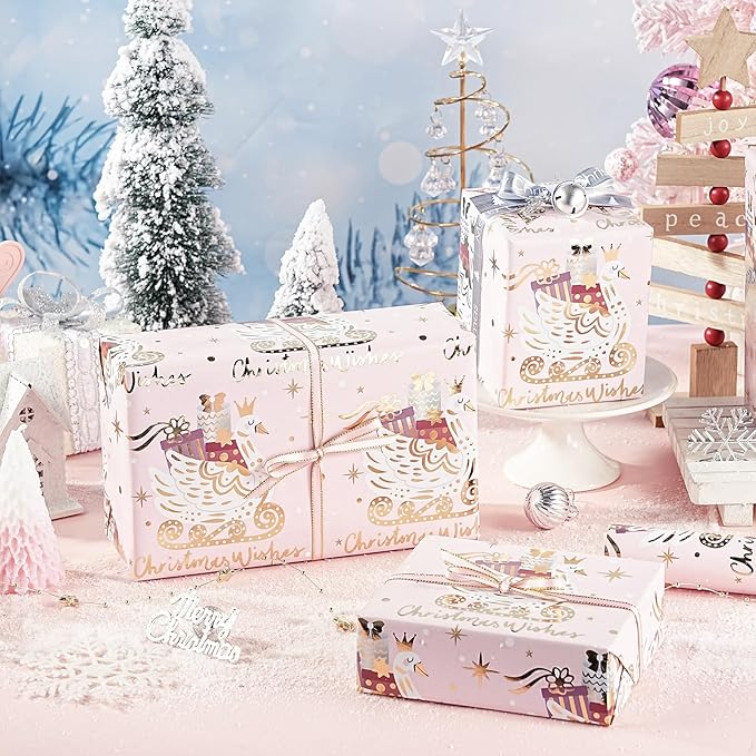 RUSPEPA Christmas Wrapping Paper Roll, Mini Roll, Pink Gold Foil Gift Wrap with Elegant Swan Sled, Presents and Christmas Wishes Design, Perfect for Girls, Women, Holiday Gift, 17 Inches x 16.4 Feet