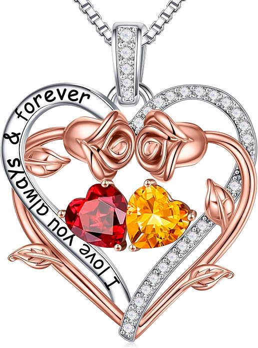 Iefil Valentines Gifts for Her Wife Women - Rose Heart Double Birthstone Necklace Gift for Wife Girlfriend Her Women, Birthstone Jewelry Gemstone Birthday Gifts for Mom Grandma Her