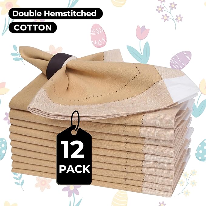 Homidate Cotton Cloth Napkins Set of 12 – 20x20 Beige Multi Double Hemstitched – Machine Washable Dinner Napkins for Weddings, Easter & Special Occasions