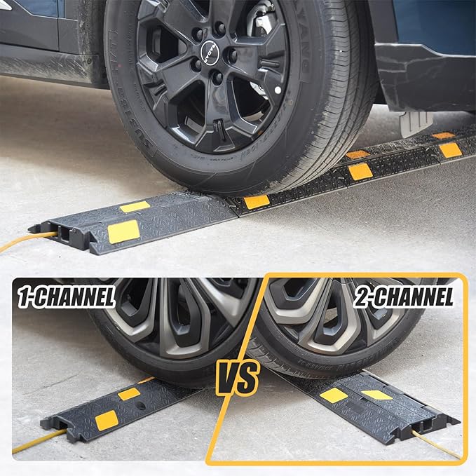 6 Pack 2-Channel Rubber Cable Protector Ramp, 17" x 10" x 1.8" inch Interlocking Floor Wire Cord Cable Cover, Visible at Night, Durable Rubber Speed Bump Hump Ramp (2-Channel 6 Pack)