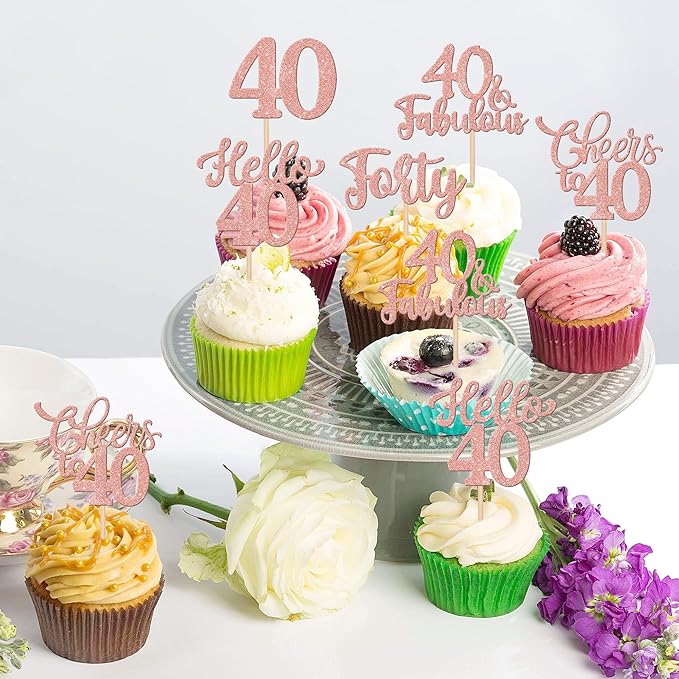30PCS Happy 40th Birthday Cupcake Toppers Glitter Hello 40 Fabulous Forty Cheers to 40 Years Old Birthday Cupcake Picks for Happy 40th Birthday Anniversary Party Cake Decorations Supplies Rose Gold