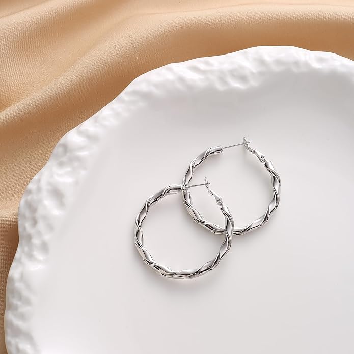 14k Gold Plated Hoop Earrings for Women, 925 Sterling Silver Posts Thick Twist Hypoallergenic Chunky Large Earrings 20mm 30mm 40mm 50mm