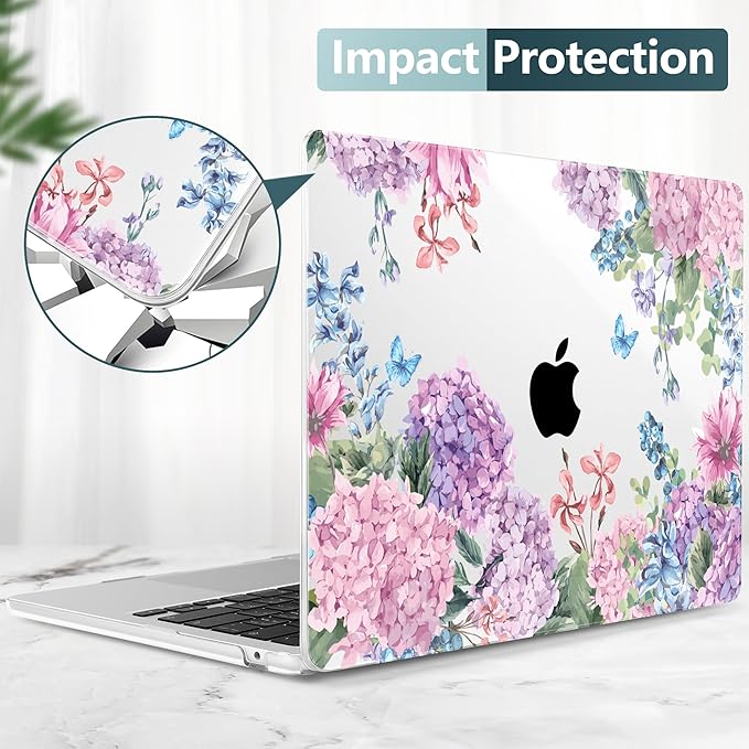 TWOLSKOO Compatible with M4 MacBook Air 15 inch Case 2025-2023 Released Model M4 A3241 M3 A3114 M2 A2941, Plastic Hard Shell & Screen Protector & Keyboard Cover & Trackpad Film, Colorful Hydrangea