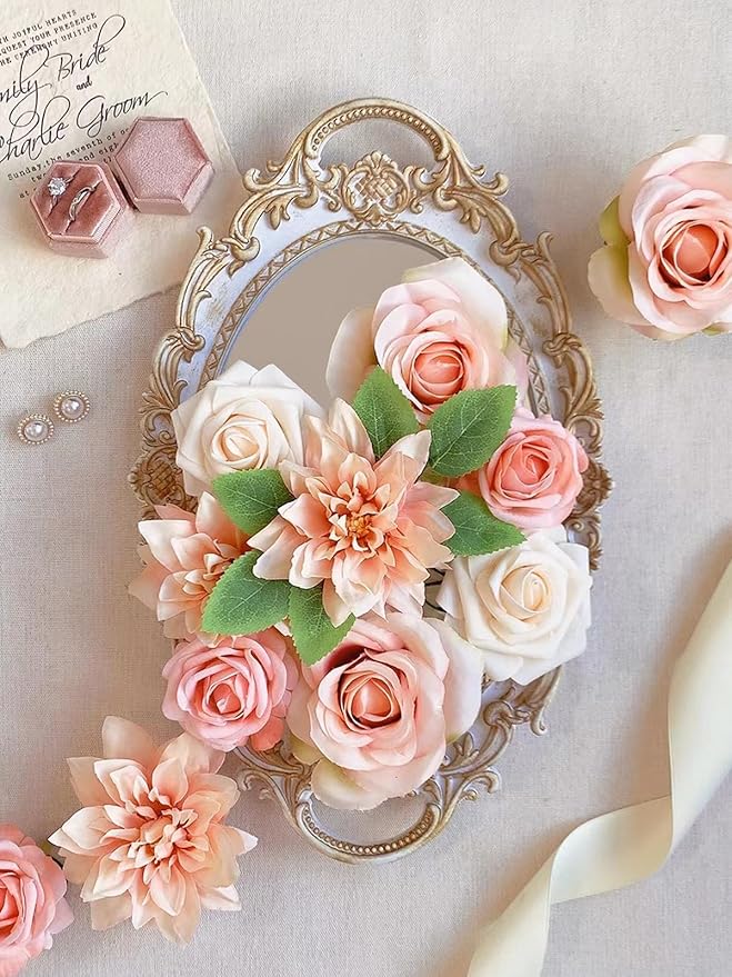 Roses Artificial Flowers Peach Bouquet Box Set Fake Flower for DIY Bridal Wedding Shower Decorations Table Centerpieces Faux Silk Floral Arrangement for Party Home Decor Indoor Pink