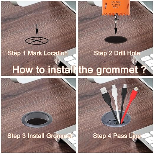 Desk Grommet 2-3/8 inch with Hole Saw, Desk Cord Hole Cover Grommet for Cables, 8 PCS, Black