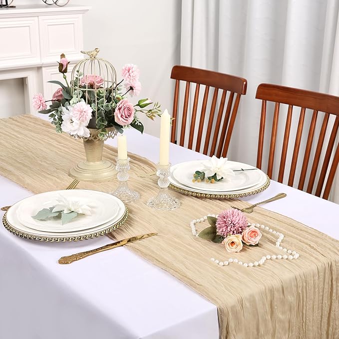 12 Pack Beige Cheesecloth Table Runner 10FT Boho Cheese Cloths Gauze Fabric Table Runners 120 Inch Rustic for Fall Thanksgiving Wedding Birthday Party Baby Shower Home Decorations