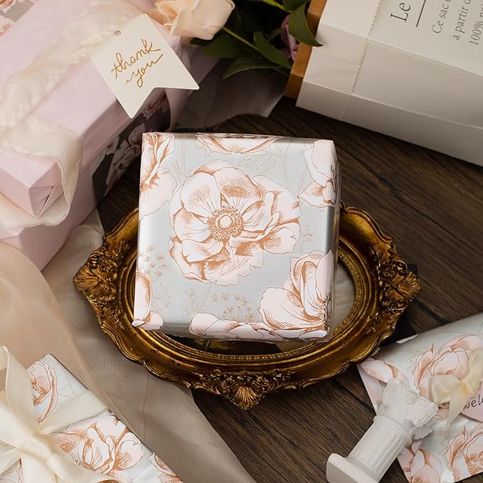 MAYPLUSS Floral Gift Wrapping Paper Roll - 17Inch x 33Feet - Luxury Elegant Shabby Chic Rose Pattern Girl Gift Wrap Present Sheet for Wedding, Bridal Shower, Birthday, Engagement and Mother's Day