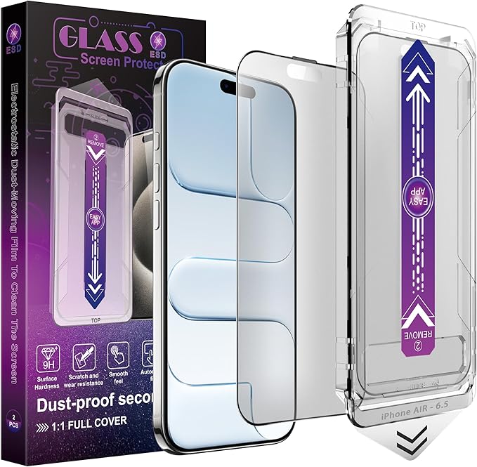 Matte Screen Protector for iPhone Air 6.5-Inch, Auto Dust Removal, 9H Tempered Glass, Full Cover, Anti-Fingerprint, Easy Installation, 2 Pack