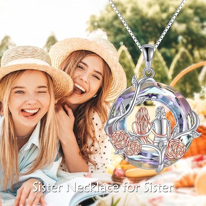 TOUPOP Sisters Gifts from Sister Necklace Sterling Silver Rose Flower with Crystal Jewelry Valentines Day Birthday Gifts for Women Best Friend Friendship