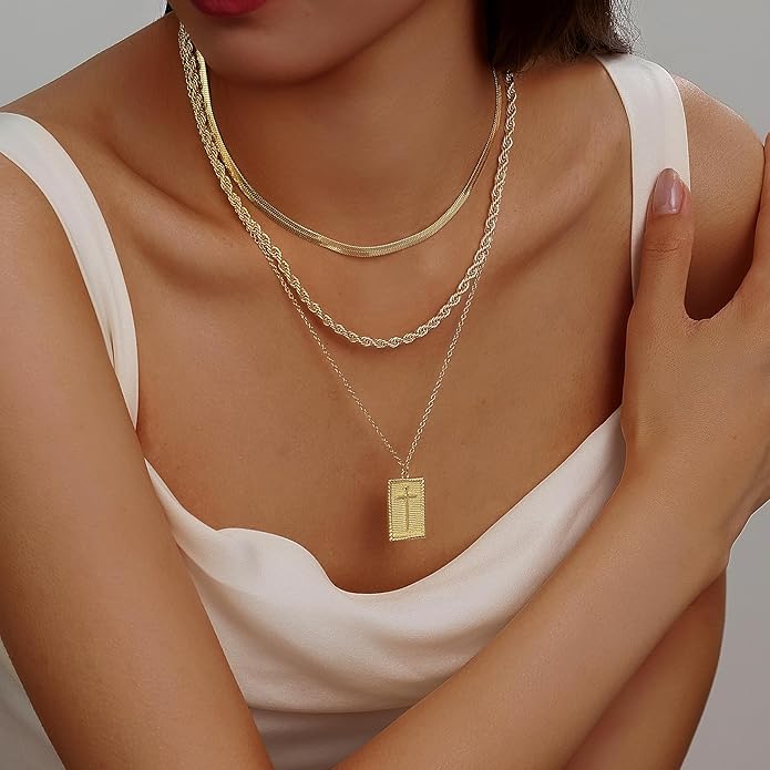 Evabelle Gold Layered Necklace for Women Trendy Jewelry 14K Real Gold Plated Chunky Chain Stackable Necklaces Dainty Choker Necklaces Rectangle Square Pendant