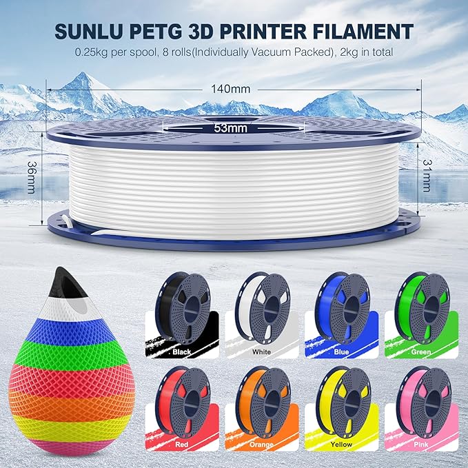 SUNLU 3D Printer Filament Bundle Multicolor PETG Filament 1.75mm, Individually Vacuum-Sealed, 2kg in Total, 0.25kg per Spool, 8 Pack, 8 Colors, Black+White+Red+Yellow+Pink+Blue+Orange+Green