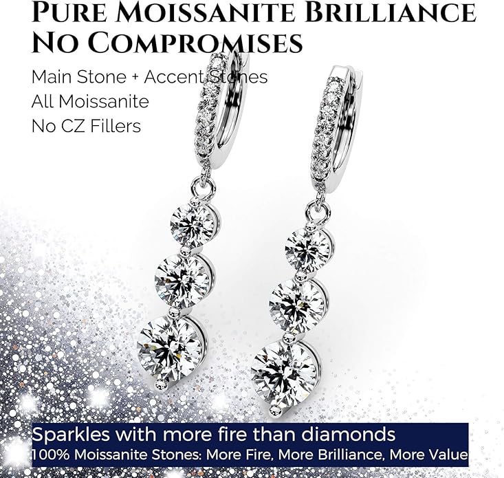 Moissanite Three-stone Diamond Drop Earrings for Women S925 Rodium Vermeil Sterling Silver Trilogy Dangle for Wife Girlfriend Mom Gifts for Her Daughter on Birthday Wedding Anniversary