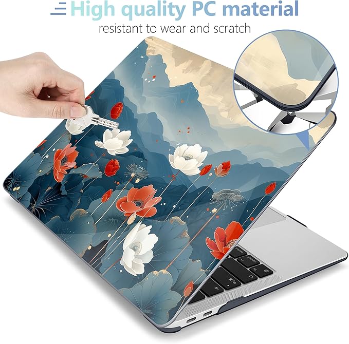 MEEgoodo for MacBook Air 13.3 inch Case 2021 2020 2019 2018 A2337 M1 A2179 A1932, Laptop Shell for MacBook Air M1 with Keyboard Webcam Cover & Trackpad Film & Type C Adapter,Lotus Fields