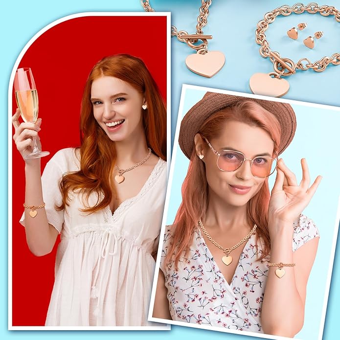 Bucherry 3 Pcs Heart Jewelry Set Bow Snowflake Jewelry Heart Pendant Chain Toggle Necklace with Bracelet Earrings Snowflake Stainless Steel Link Chain for Women Gift