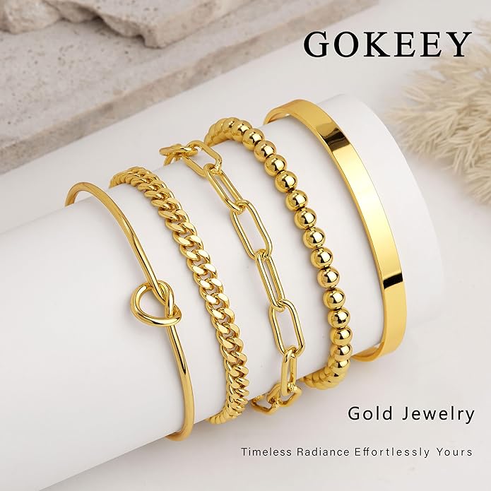 Gold Bracelets Set for Women Non Tarnish, 14K Gold Plated Sterling Silver Chunky Cuff Bracelet Stackable Gold Bangles Bracelet for Women Trendy Fashion Accessories Tie Knot Cuban Rope Paperclip Beaded Bracelet Stack Jewelry Valentines Day Gifts