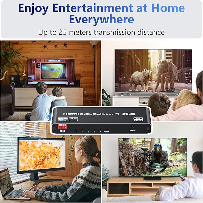 HDMI 2.0 Splitter 1 in 4 Out, LUKFOCAB 1x4 HDMI Splitter 4K@60Hz 8:8:8 HDR, HDMI 2.0, HDCP 2.2, 18Gbps, Auto EDID, Supports UHD 3D D-o-l-b-y 4 Ports Mirror Mode and Multichannel Audio Streams