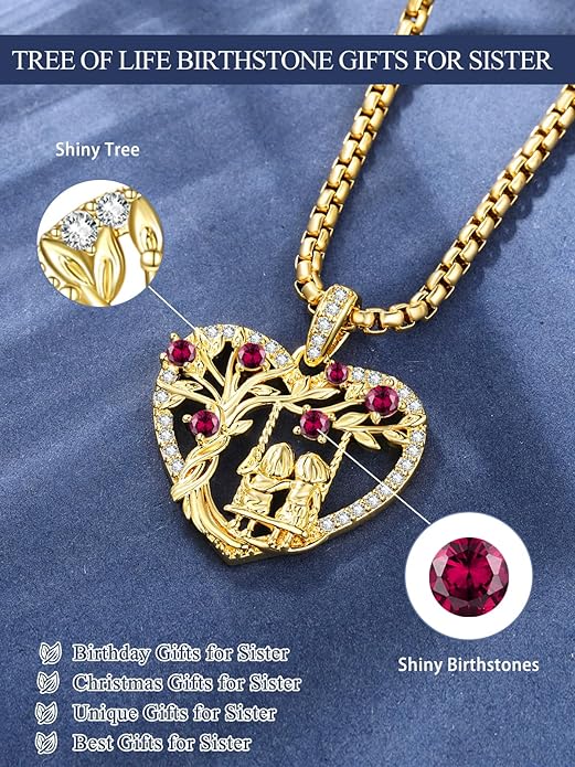 14K Gold Tree of Life Necklace for Sister Christmas Gifts from Sister,Heart Jewelry with Birthstone Pendant for Women Female Friendship Forever My Friend