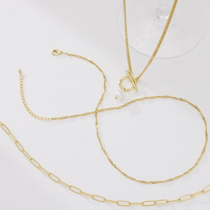 Layered Gold Necklaces for Women, Stackable Dainty 14K Gold Silver Plated Trendy Simple Heart Diamond Cross Bow Circle Pendant Paperclip Choker Dot Chain Necklace,Jewelry Set Gifts for Women