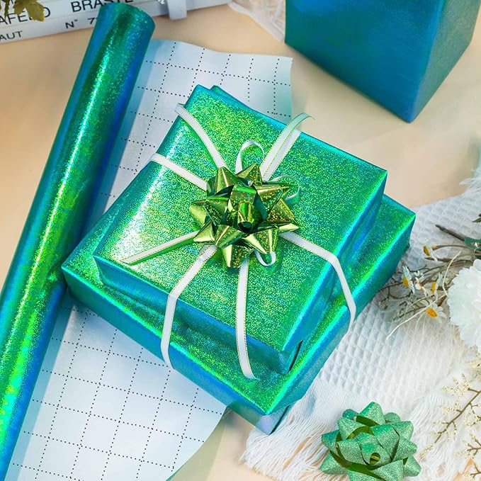 Yarcony Green Holographic Wrapping Paper - 17Inch X 32.8Feet - Shiny Green Iridescent Sparkle Wrapping Paper Luxury Embossed Gift Wrap for Birthday Wedding Bridal Shower Valentine's Day Mother's Day