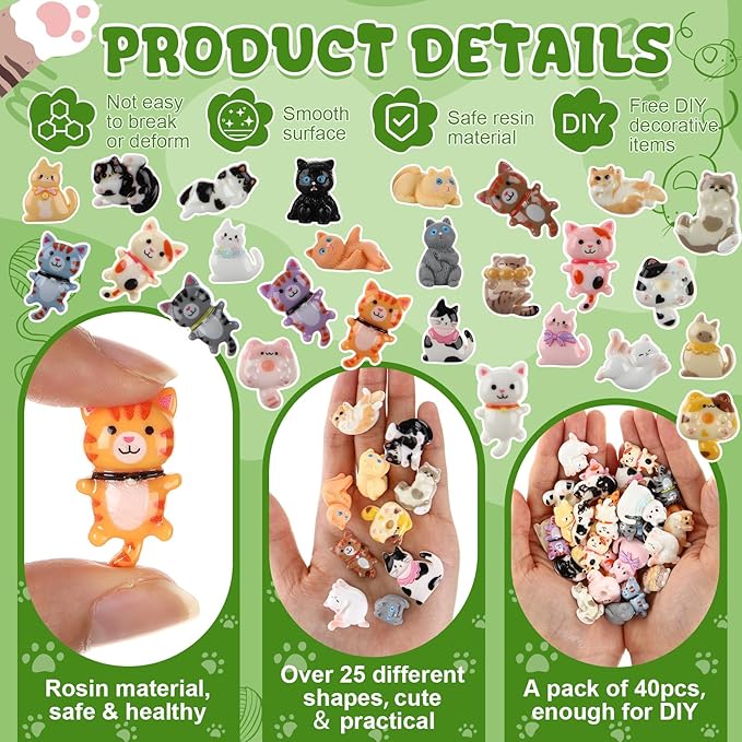 Giegxin 40 Pcs Cat Resin Charm Adorable Little Cat Miniature Figures Animal Flatback Cabochon Accessories Cute Embellishments Bulk for Jewelry Cellphone Case Scrapbooking Headband DIY Craft Making