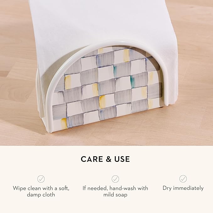 MACKENZIE-CHILDS Enamel Napkin Holder, Kitchen Napkin Holder for Table and Countertop, Gray-and-White Sterling Check