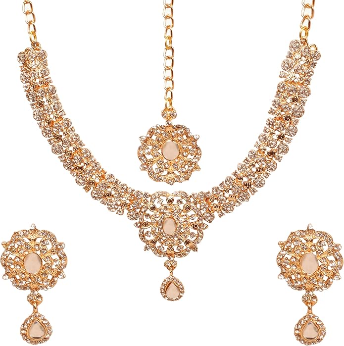 Touchstone Indian jewelry sets for women gold wedding tikka necklace set guest costume fancy bridal jewellery rhinestone crystal elegant formal prom evening wear dainty accessories
