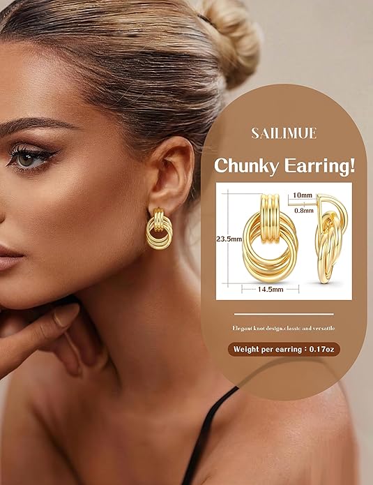 14K Gold Plated Knot Statement Earrings for Women Hypoallergenic Chunky Drop Dangle Earrings - Lightweight Fashion Accessories Gold Jewelry Gifts for Womens Trendy