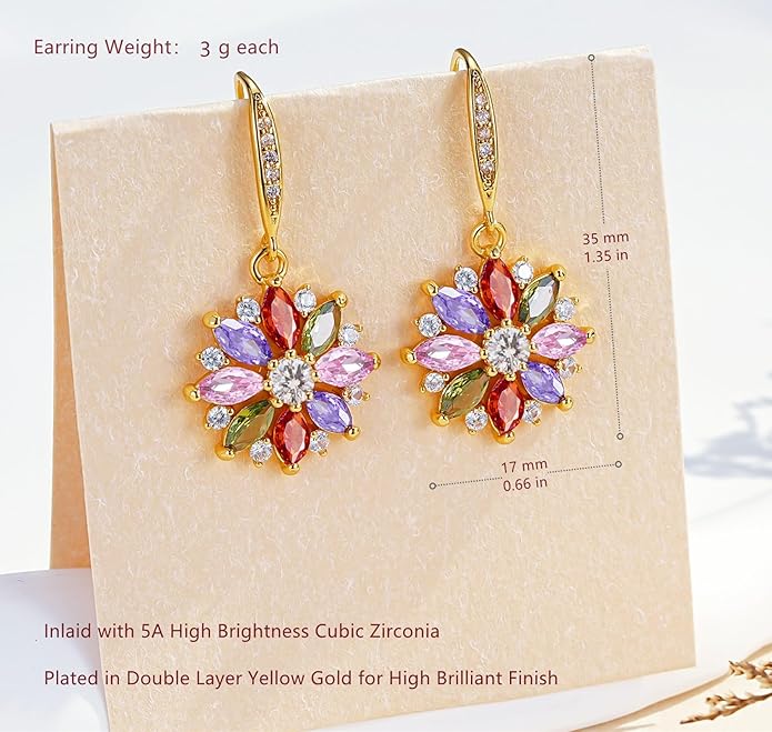 VONSSY Colorful Snowflake Pendant Necklace Earrings Rose Gold 5A Cubic Zirconia | Crystal Sweater Chain | Multi Gemstone Garnet Amethyst Morganite Peridot Prom Rhinestone Necklaces for Women Vintage Stylish Gift