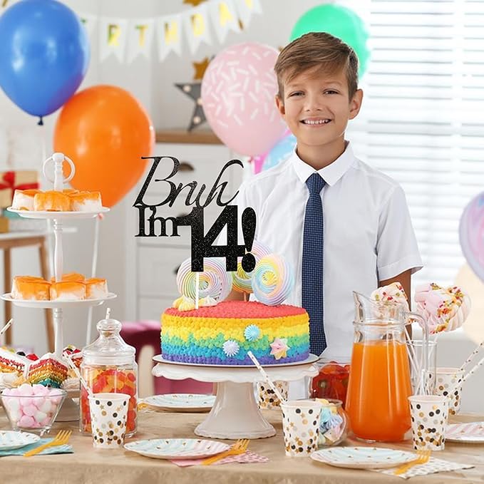 Bruh I'm 14 Cake Topper - Black Glitter Happy 14th Birthday Decorations for Boys Teens, Funny 14 Year Old Party Supplies, Bro I'm 14 Cake Decor (Bruh I'm 14！,14th)